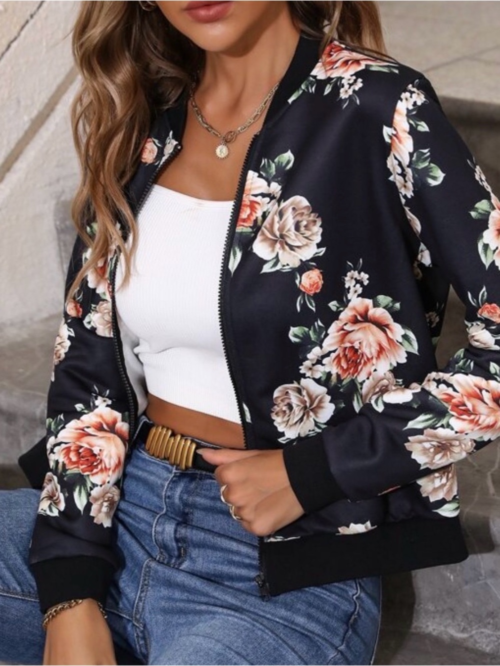 red floral print black zipper bomber jacket boho - Picture 3 of 4